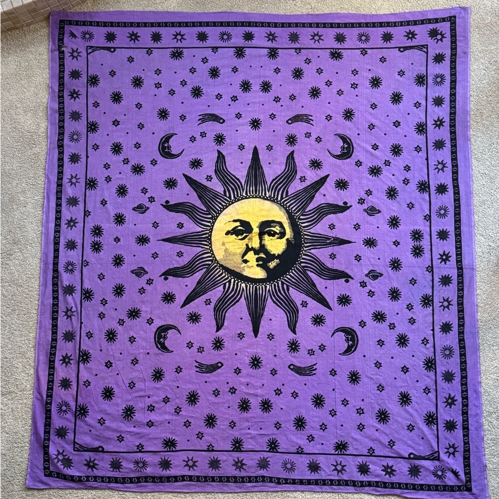 Large Purple Tapestry with Sun and Astronomy Pattern